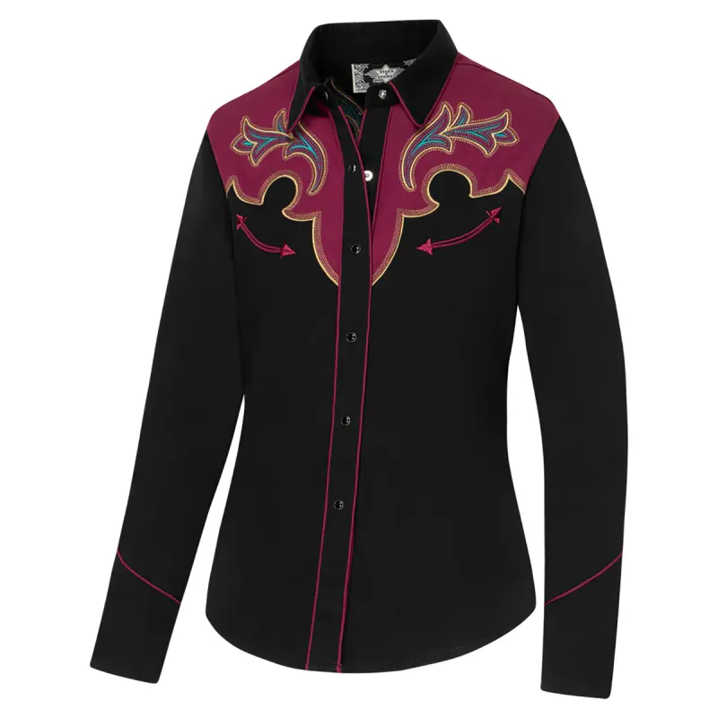 Westernbluse JENNA – svart bluse med broderi og western-yoke